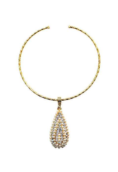 Colar Olímpia de aro com pingente de gota perola e cristal banhado no dourado