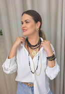 Maxi Colar Magnífica: Moderno com Flor Dourada e Mix de Correntes no Preto e Dourado| Acessório de Luxo