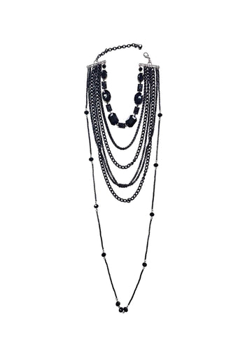 Colar Metrópole com mix de correntes e pedras pretas glamour