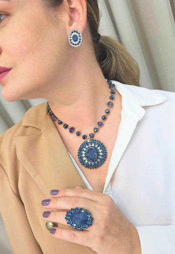 Colar Mandala Cristais Azuis Prata | Colar Coliseu