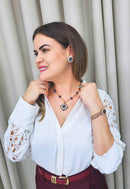 Colar Barcelona com cristais azuis e pêssego banhado no vintage