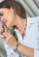 Colar Barcelona com cristais azuis e pêssego banhado no vintage