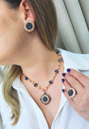 Colar Barcelona com cristais azuis e pêssego banhado no vintage