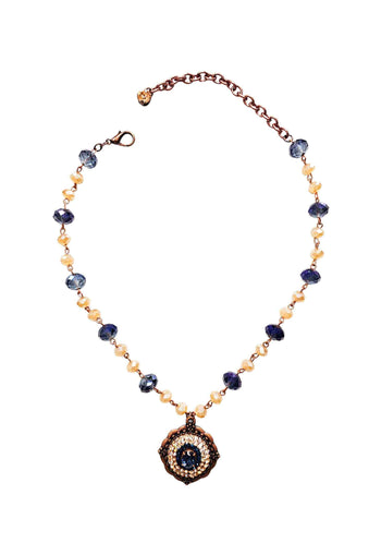 Colar Barcelona com cristais azuis e pêssego banhado no vintage