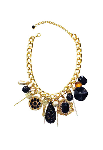 Maxi colar Diamante Negro com pingentes e pedras pretas banhado no dourado