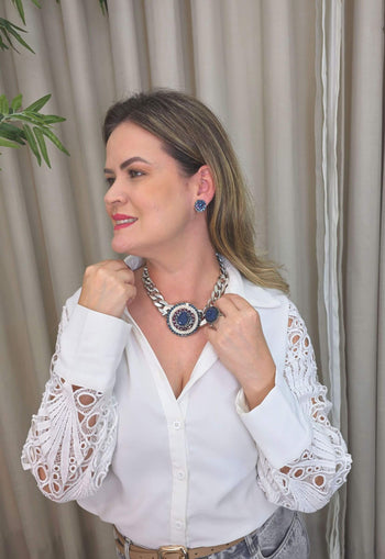 Colar Aurora de elos prata e maxi pingente de pedras azuis e ametista