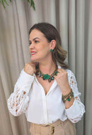 Maxi Colar Jadeíta: Floral com Pedras Verdes no Ouro Velho | Acessório de Luxo