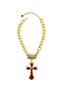 Colar Ester Vermelho com pingente de cruz banhado no dourado