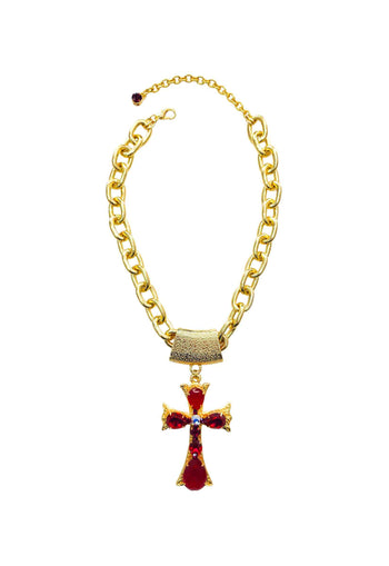 Colar Ester Vermelho com pingente de cruz banhado no dourado