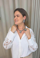 Colar Débora: Moderno com Retângulo de Hematite e Cristal e Venezianas Grafite e Prata | Seleção Especial da Dai