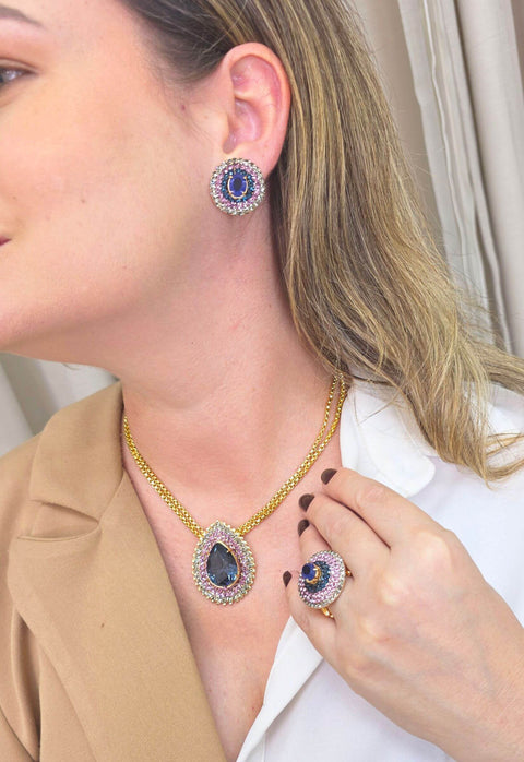 Colar Charline com pingente de gota de pedras ametista, azul e black diamond banhado no dourado