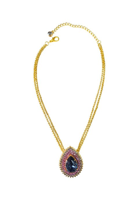 Colar Charline com pingente de gota de pedras ametista, azul e black diamond banhado no dourado