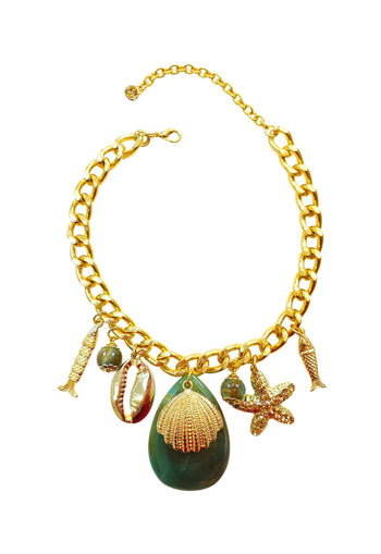 Colar Tropical Chic com pingente de peixes, conchas e estrela do mar e resina turquesa