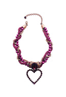 Colar Vanguarda com pingente de coração, cordão, bolas roxas e pedras ametistas
