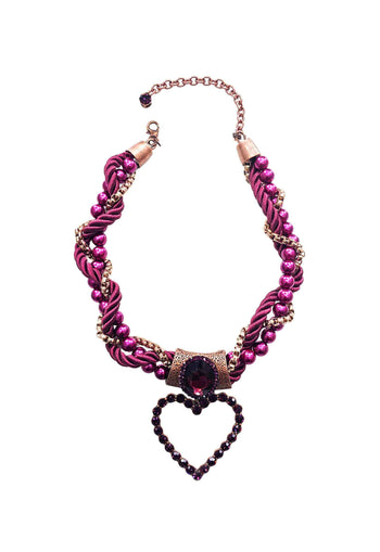 Colar Vanguarda com pingente de coração, cordão, bolas roxas e pedras ametistas