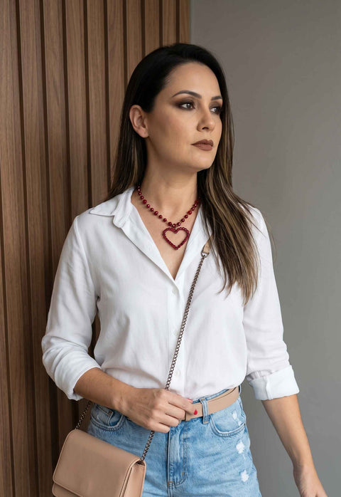 Colar Elisangela: Romântico de Coração com Pedras Vermelhas no Vintage | Presente Inesquecível