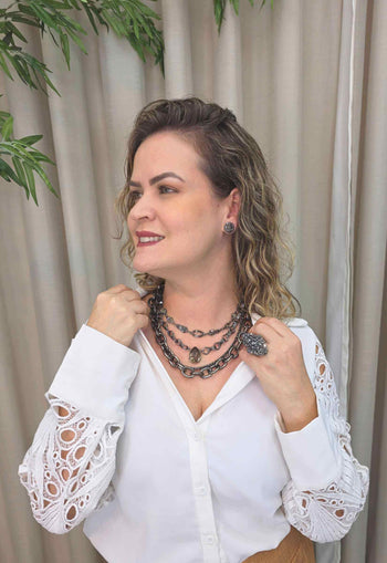 Colar Exclusividade Ônix com Pedras Black Diamond, Hematite e Elos Grafite