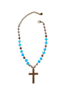 Colar Redenção: Crucifixo com Pedras Azuis Ouro Velho | Religioso Elegante