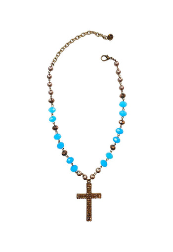 Colar Redenção: Crucifixo com Pedras Azuis Ouro Velho | Religioso Elegante