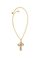 Colar Salmo com cruz delicada com strass light colorado no banho dourado