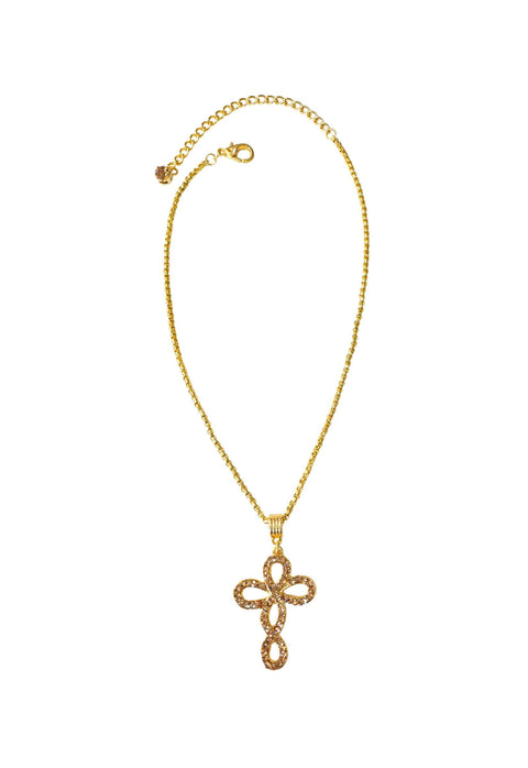 Colar Salmo com cruz delicada com strass light colorado no banho dourado