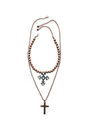 Colar Radiância com mix de pingente de cruz perolas cobreadas e strass em tons de azuis