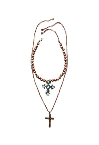 Colar Radiância com mix de pingente de cruz perolas cobreadas e strass em tons de azuis
