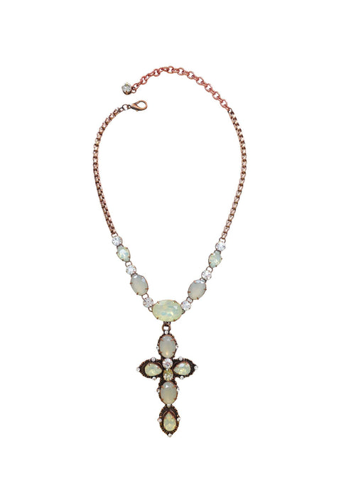 Colar Bruna: Com Crucifixo de Pedras Opala e Strass Cristal no Vintage | Peça Exclusiva