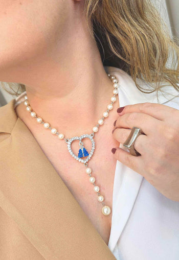 Colar Pérolas da Fé: Religioso com Nossa Senhora e Pérolas no Prata | Sahara Acessórios