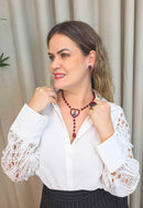 Colar Pérolas da Fé: Religioso com Nossa Senhora e Pérolas Vermelhas no Vintage | Bijuteria Fina