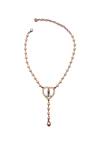Colar Pérolas da Fé: Religioso com Nossa Senhora e Pérolas Rosê no Vintage | Peça Exclusiva