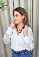 Colar Autêntica com mix de correntes pedras pretas e pingente de onça black diamond