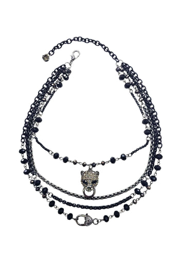 Colar Autêntica com mix de correntes pedras pretas e pingente de onça black diamond