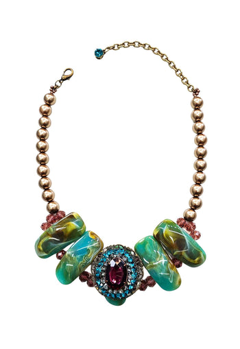 Colar Sublime com pedras turquesas com marrom e ametista banhado no ouro velho