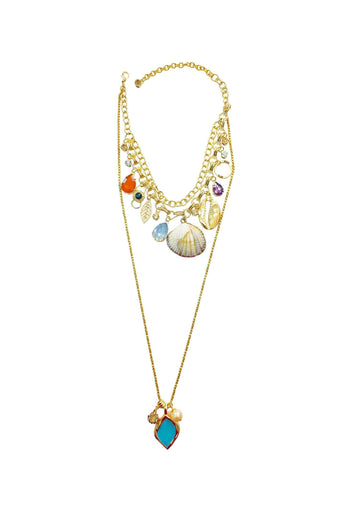 Colar Ritmos da Areia com pingentes de conchas pedras coloridas e correntes douradas