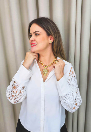 Maxi Colar Aisha gold com pingente de onça dourado e pedras light colorado topaz