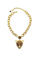 Maxi Colar Aisha gold com pingente de onça dourado e pedras light colorado topaz