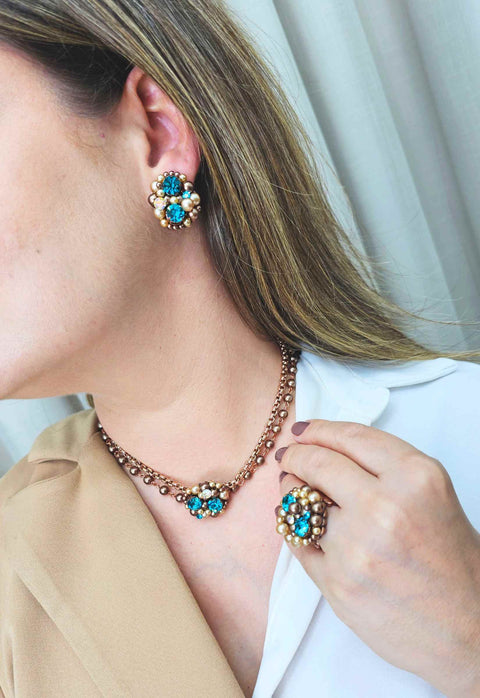 Colar Ravi Classic de perolas com pedras blue zircon e veneziana vintage