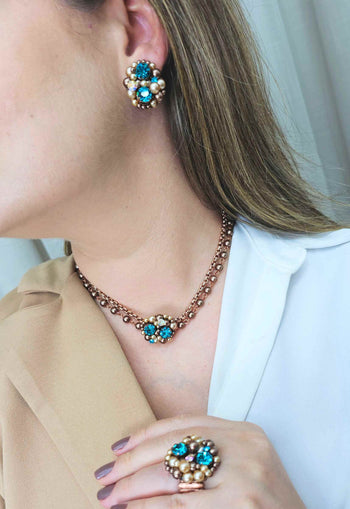 Colar Ravi Classic de perolas com pedras blue zircon e veneziana vintage