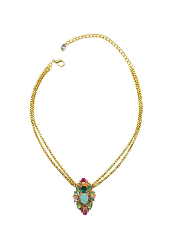 Colar Glaura: Com Pingente Oval de Pedras Coloridas e Venezianas no Dourado | Look de Festa