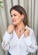 Colar Loreta glamour com perolas e pedras black diamond banhado no grafite