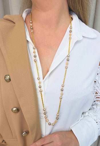 Colar Essencial Gold Rosê: Longuinho Delicado de Pérolas Rosê com Veneziana Dourada | Essencial para o Dia a Dia