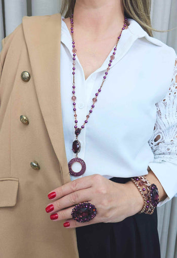 Colar Ametista Imperial estilo longuinho com pingente redondo e pedras ametista