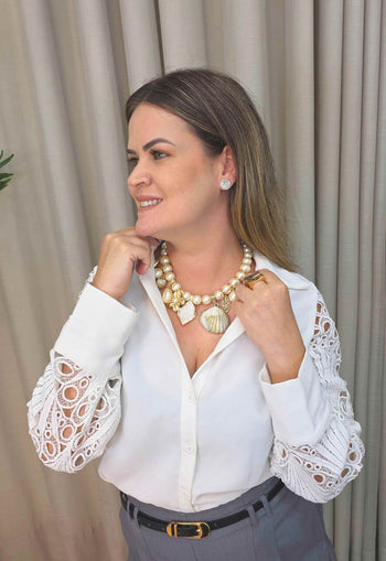 Colar Pérolas Concha Peixe Dourado Tropical | Colar Búzios
