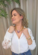 Colar Paola: Moderno com Pedras Rosa, Ametista e Corrente no Dourado | Look Vibrante
