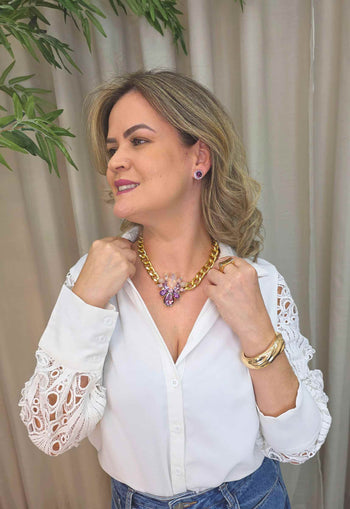 Colar Paola: Moderno com Pedras Rosa, Ametista e Corrente no Dourado | Look Vibrante