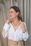 Colar Marluce: Luxuoso de Pérolas com Pingente Oval Rosa no Dourado | Look de Noite Inesquecível