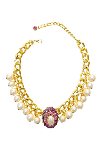 Colar Marluce: Luxuoso de Pérolas com Pingente Oval Rosa no Dourado | Look de Noite Inesquecível
