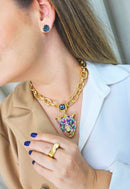 Maxi Colar Aisha com pingente de onça dourado e pedras coloridas