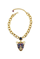 Maxi Colar Aisha com pingente de onça dourado e pedras coloridas